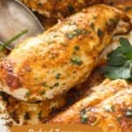 pinterest image with title for baked chicken breasts.