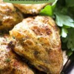 pinterest image with title for instant pot frozen chicken thighs.