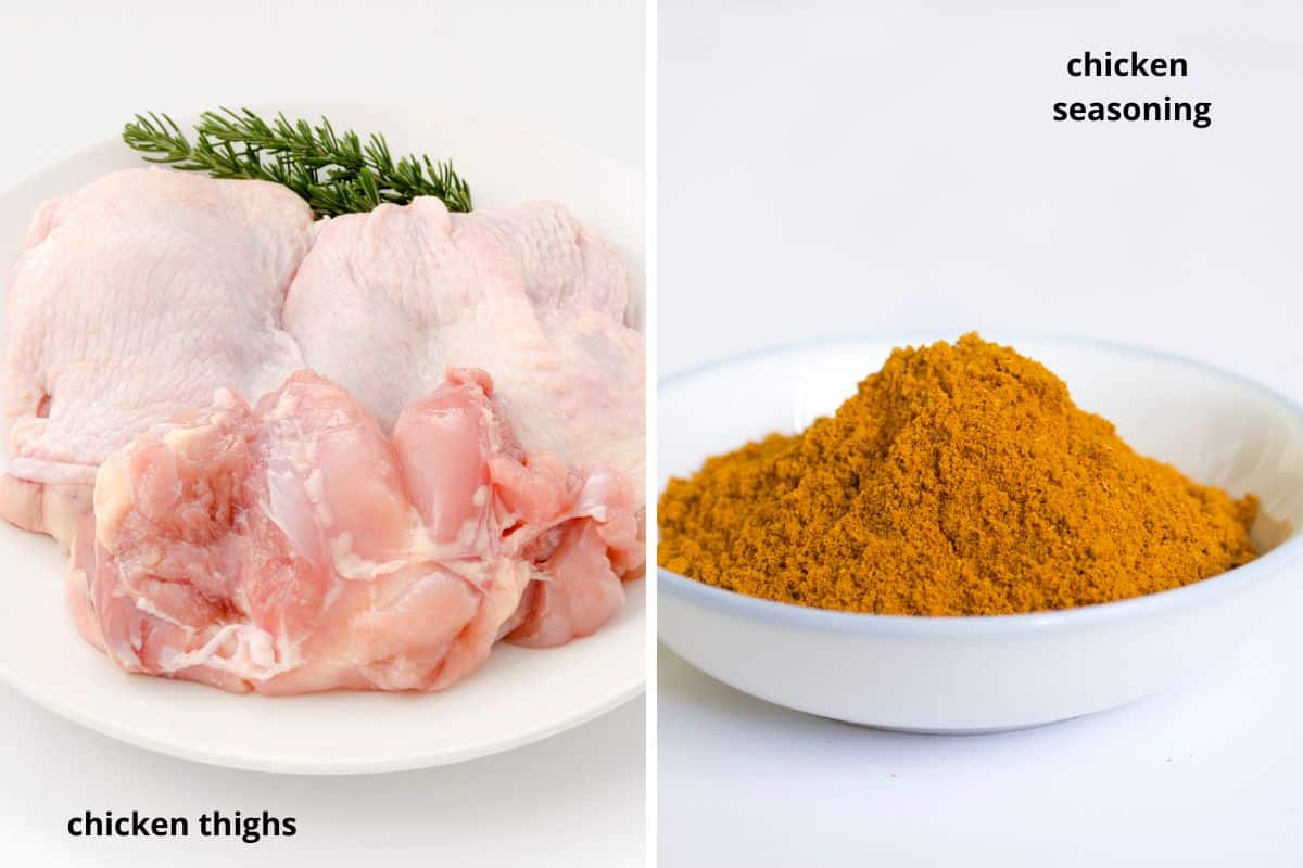 collage of two pictures of raw chicken thighs and a bowl of spices.