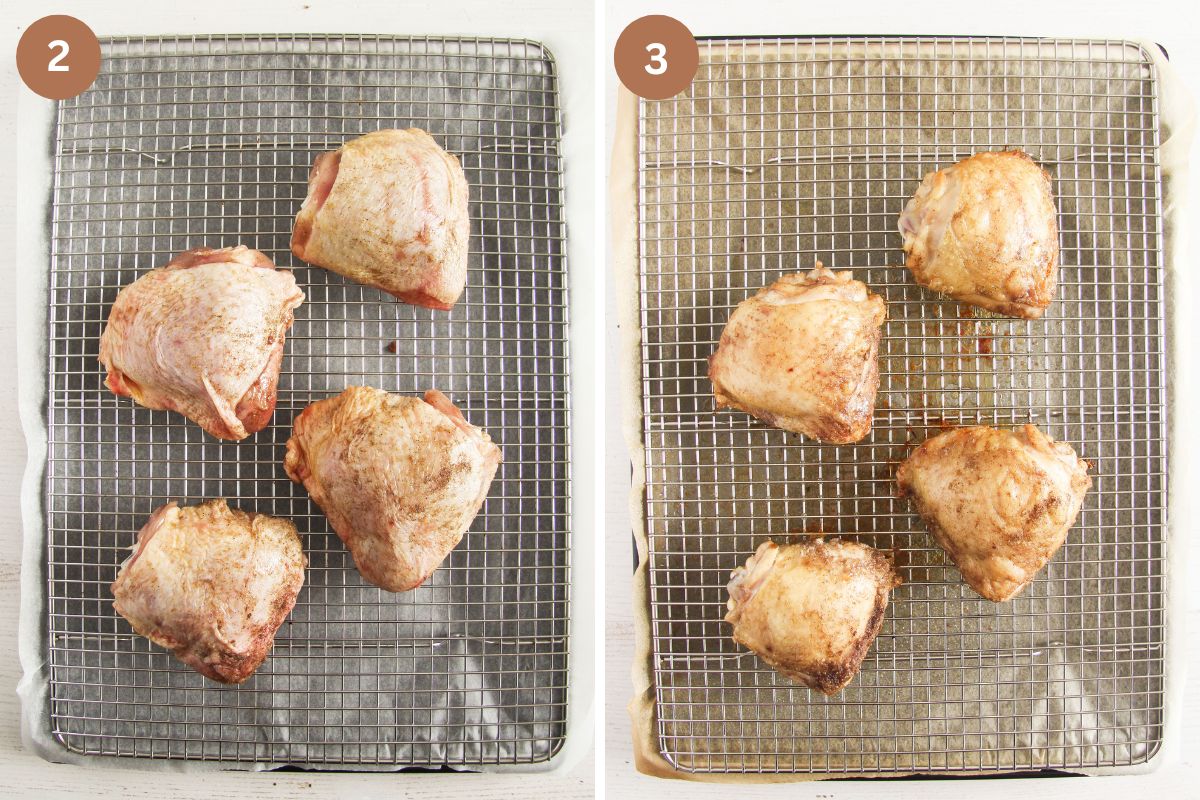 four chicken thighs on a wire rack before and after baking.