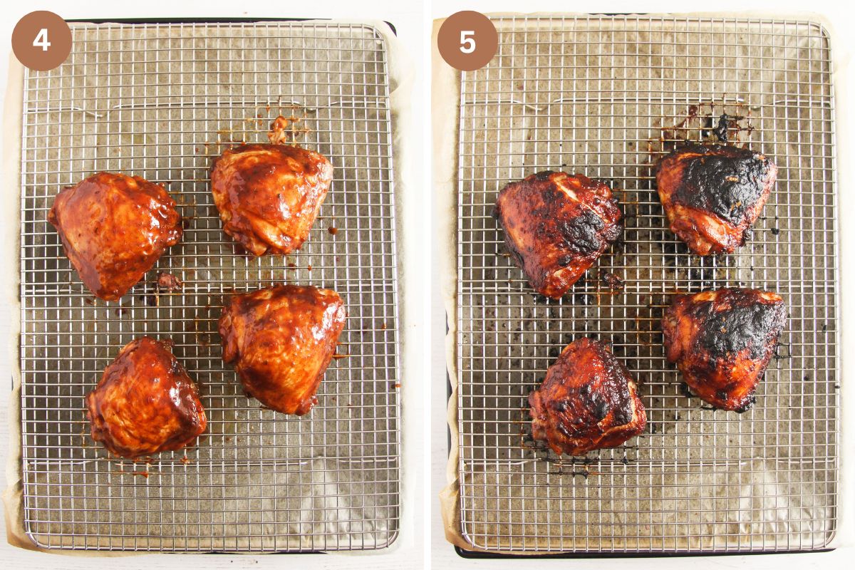 collage of two pictures of thighs glazed with sauce before and after baking.