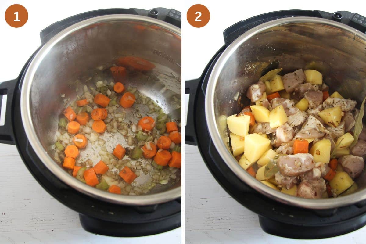 collage of two pictures of sauteing onions, carrots and then potatoes and chicken in an instant pot.