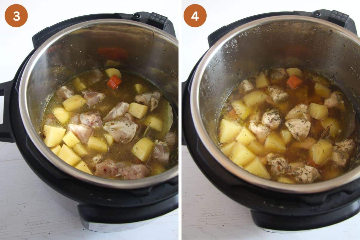 collage of two pictures of sauteing chicken and potatoes in an instant pot.
