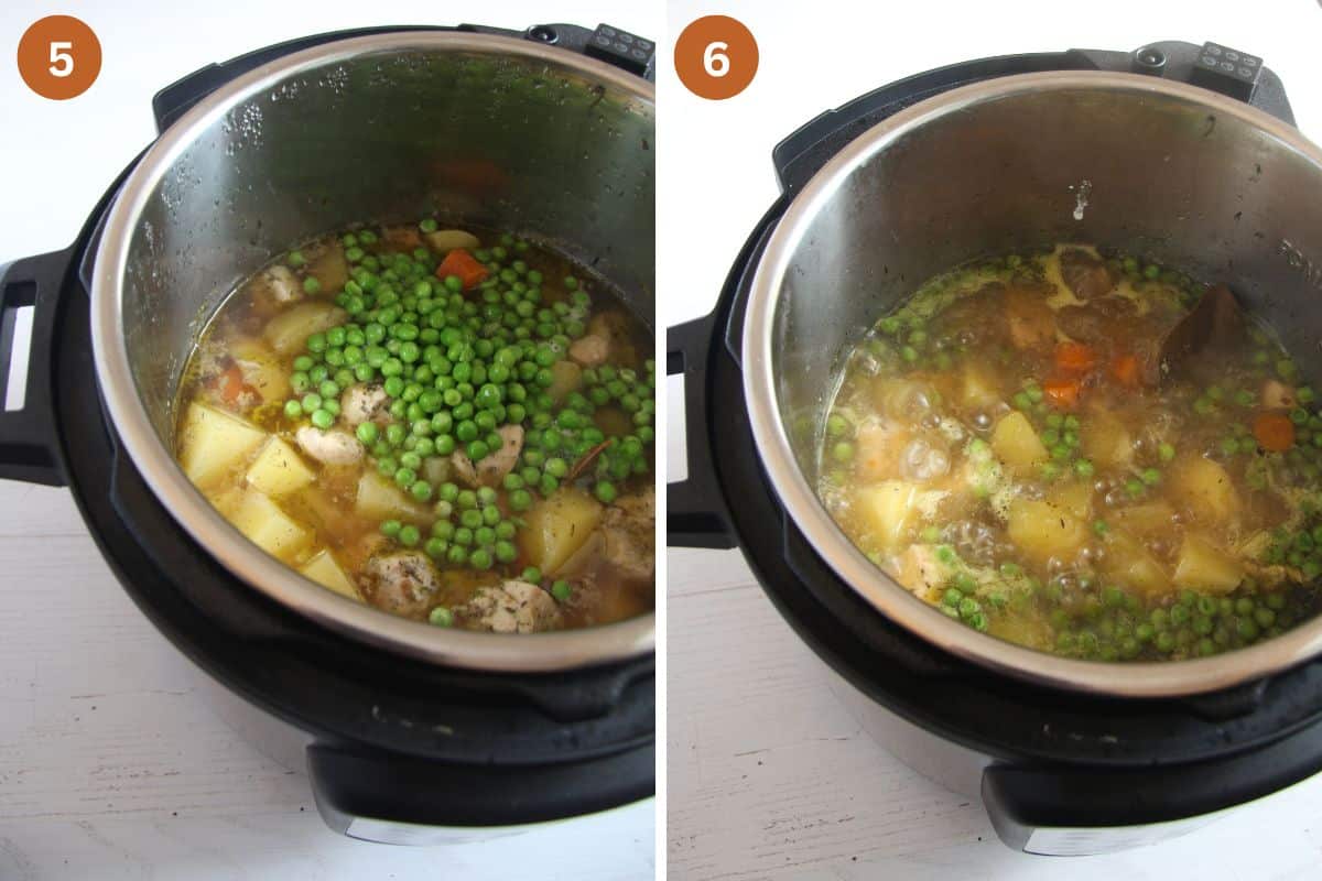 collage of two pictures of an instant pot cooking chicken stew.