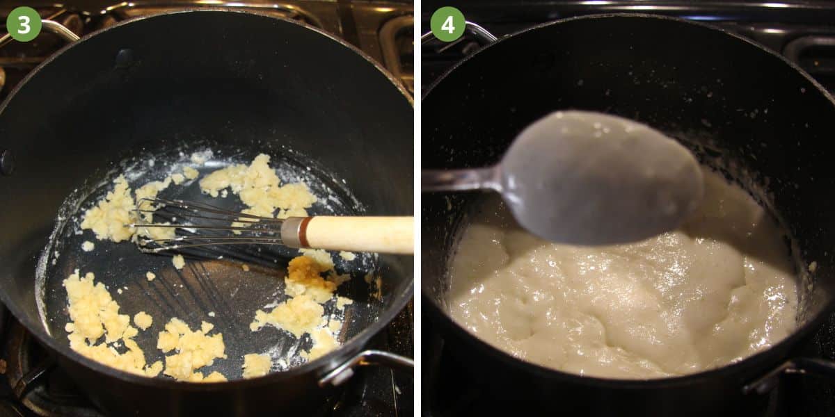collage of two pictures of making roux in a black saucepan.