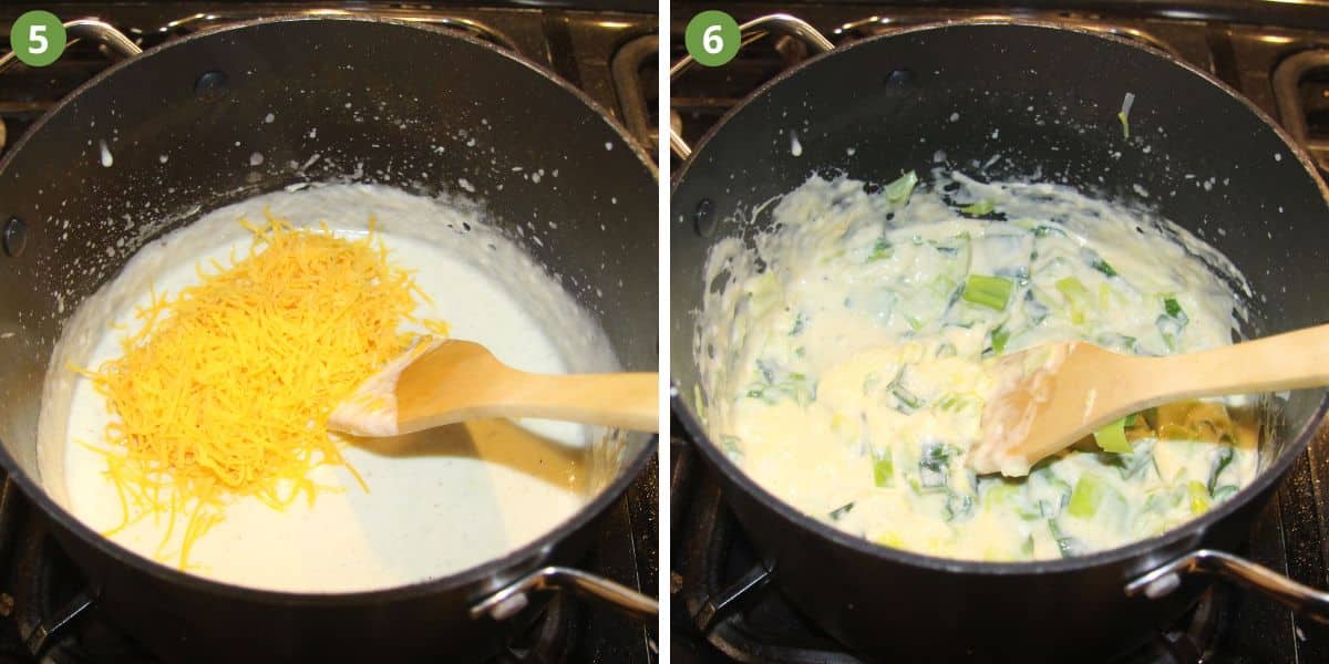 collage of two pictures of stirring cheddar and then leeks in white sauce.