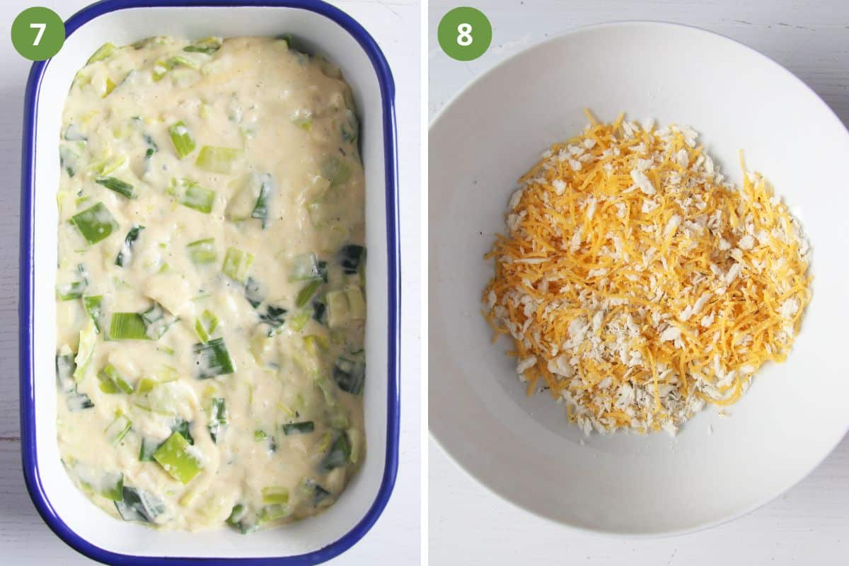 collage of two pictures of creamy leeks in a baking dish before cooking and the topping in a bowl.