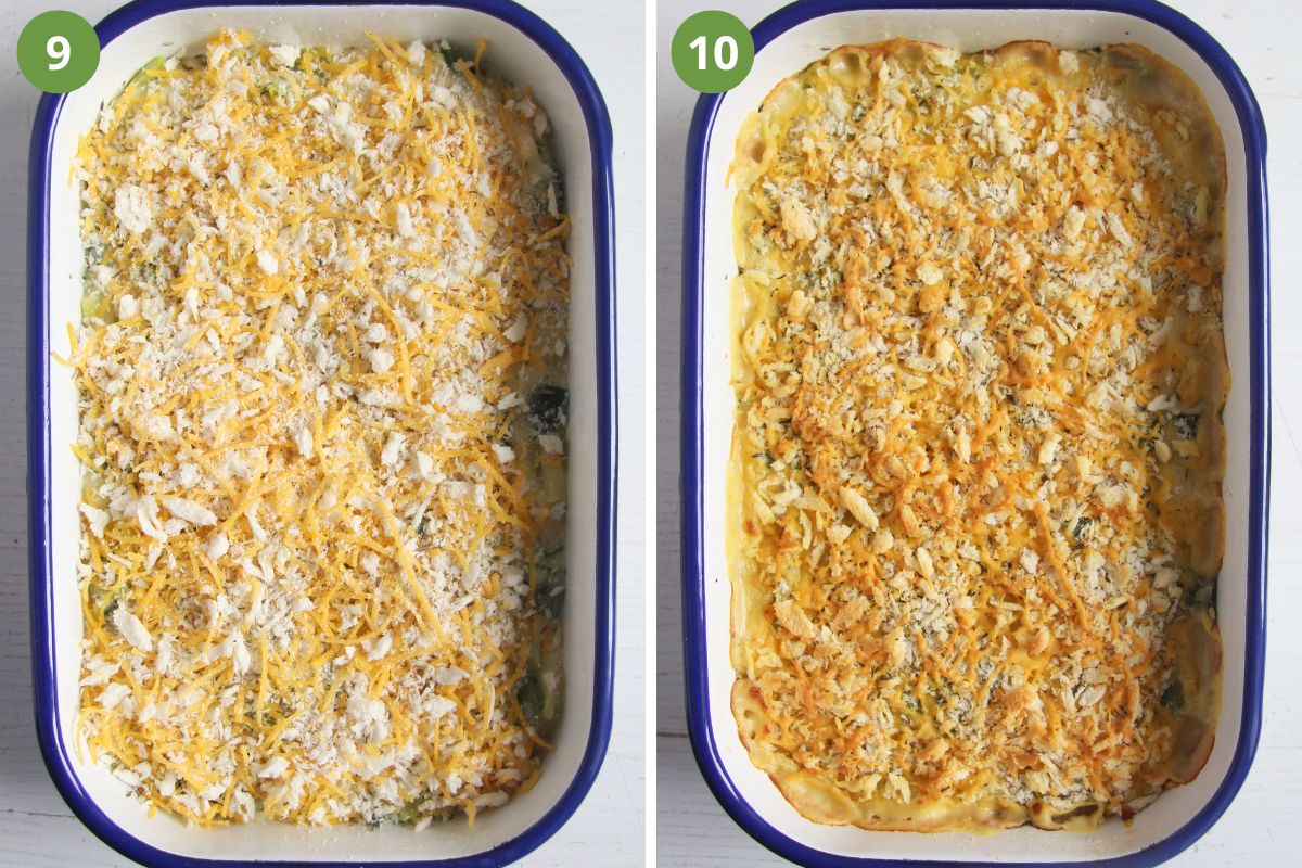 collage of two pictures of cheesy leeks before and after baking.