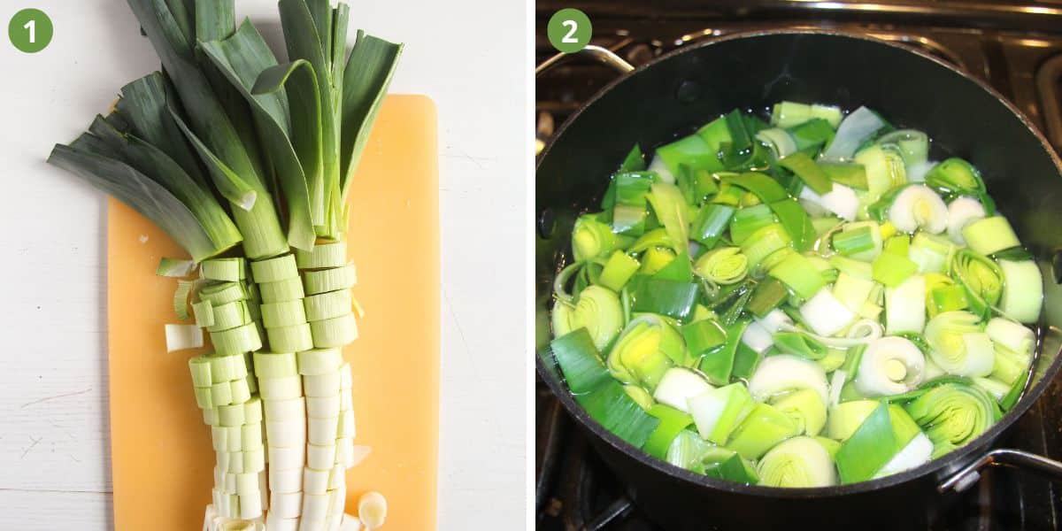 collage of two pictures of chopping leeks and cooking them in water.