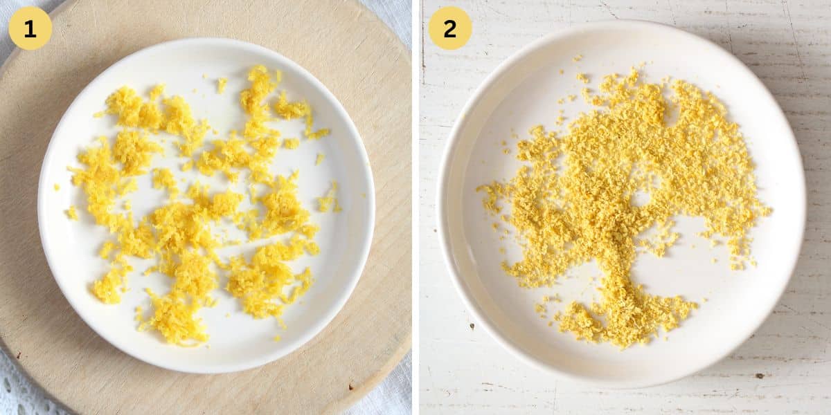 collage of two pictures of drying lemon zest on a plate.