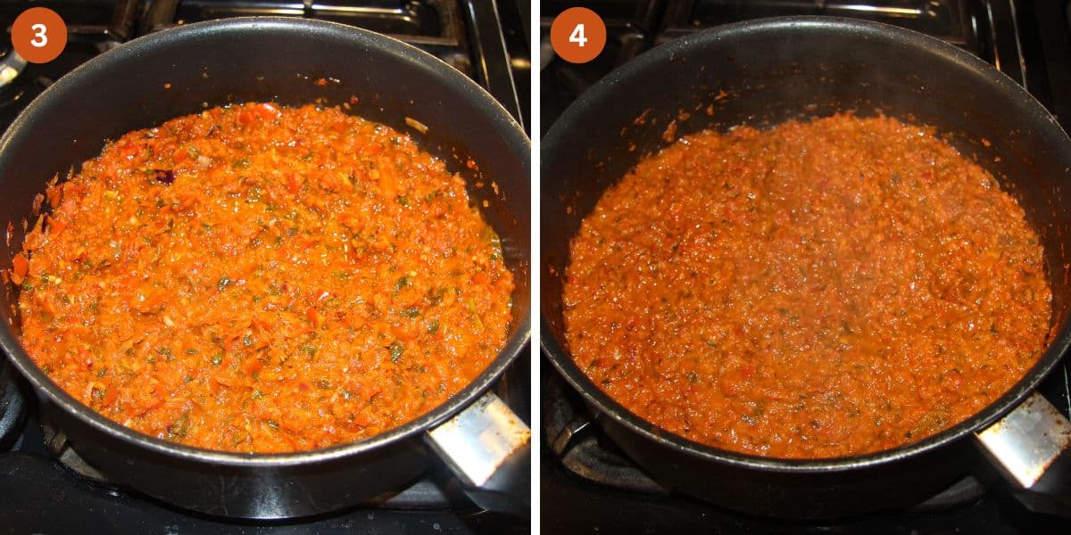 collage of two pictures of the stages of cooking hot pepper sauce in a pan.