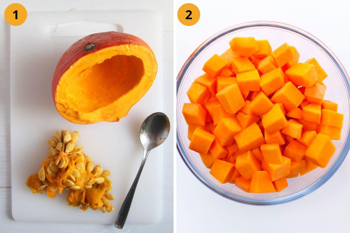 collage of two pictures of removing seeds form pumpkin and chopping it.