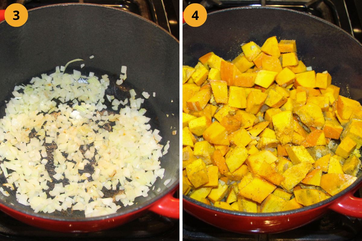 collage of two pictures of sauteing onions and then pumpkin pieces in a pot.