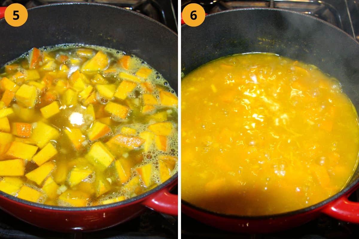 collage of two pictures of cooking pumpkin cubes in a soup pot.