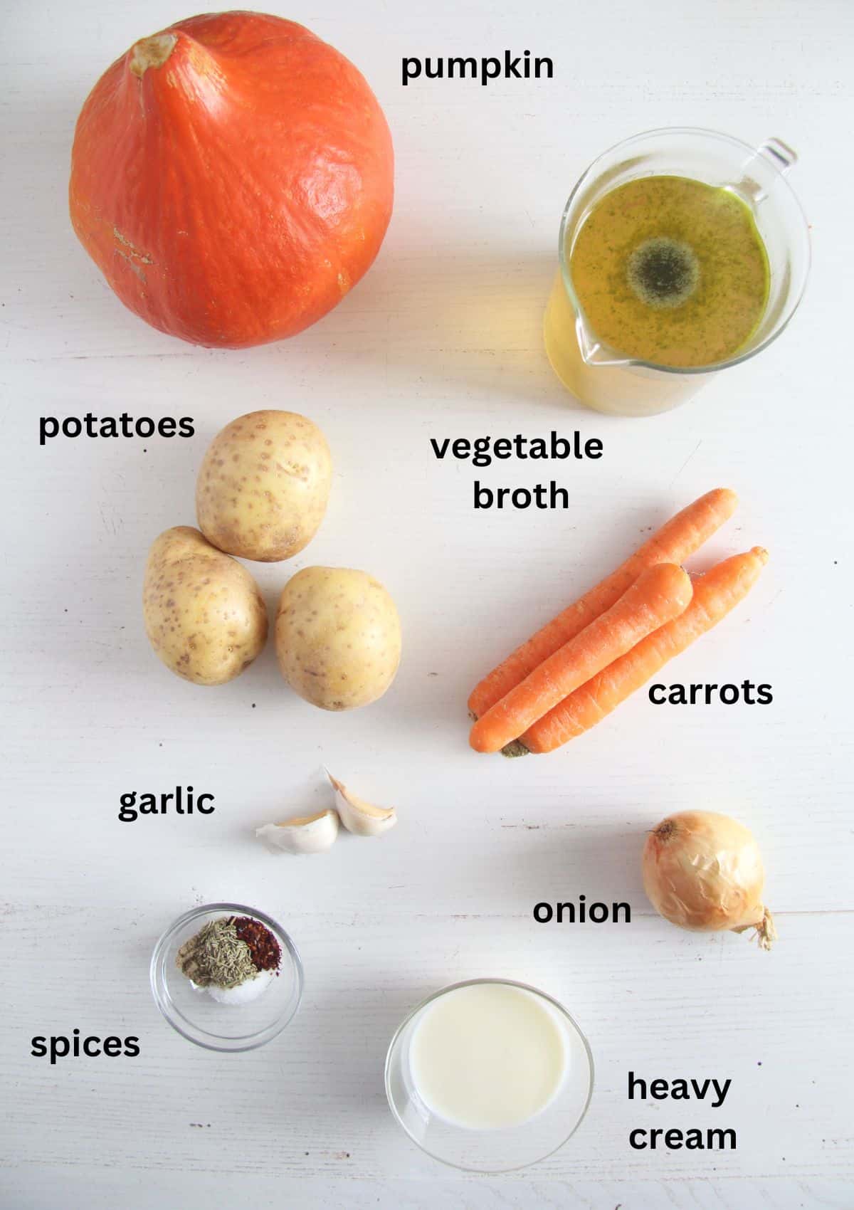 listed ingredients for making soup with pumpkin, carrots, and potatoes.