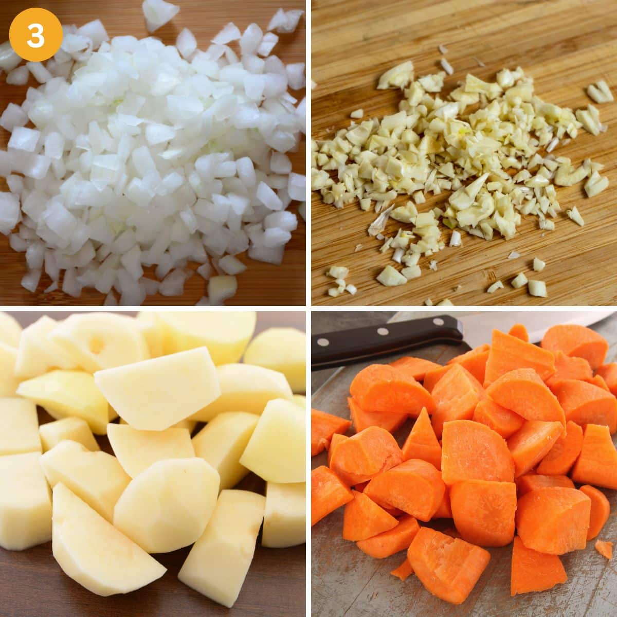collage of four pictures of chopped onion, garlic, potatoes and carrots.