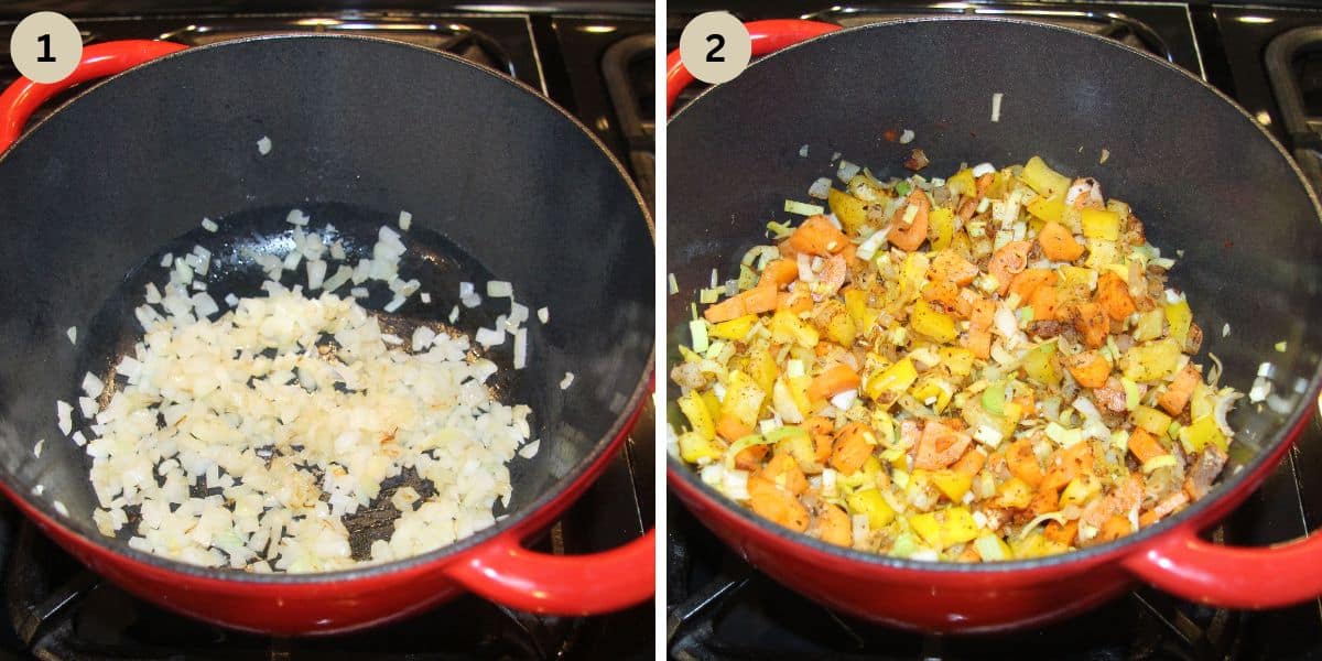 collage of two pictures of sauteing onions and then vegetables.