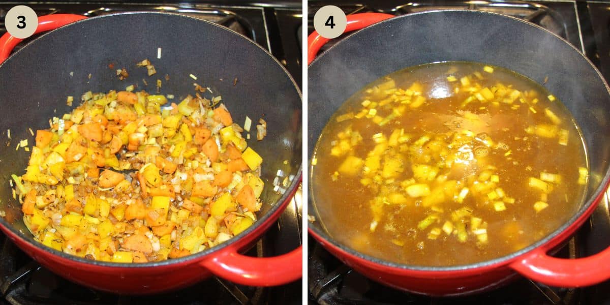 collage of two pictures of sauteed veggies and then covering them with broth.