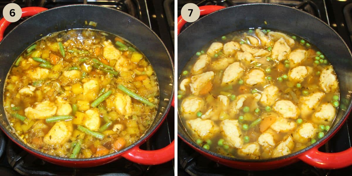 collage of two pictures of dumplings in a pot before and after cooking.