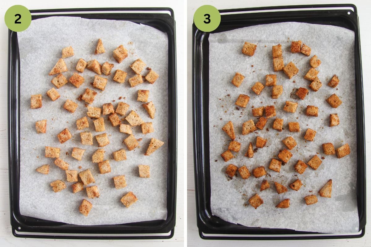collage of two pictures of homemade croutons on a baking sheet before and after baking.