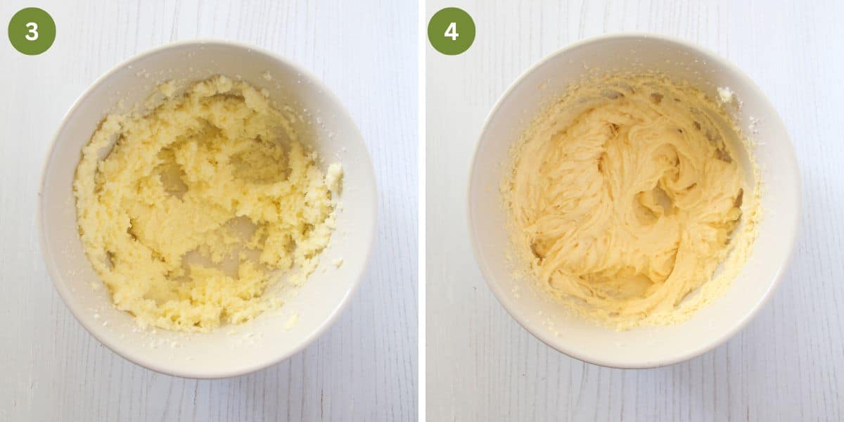 collage of two pictures of creaming butter and adding eggs.