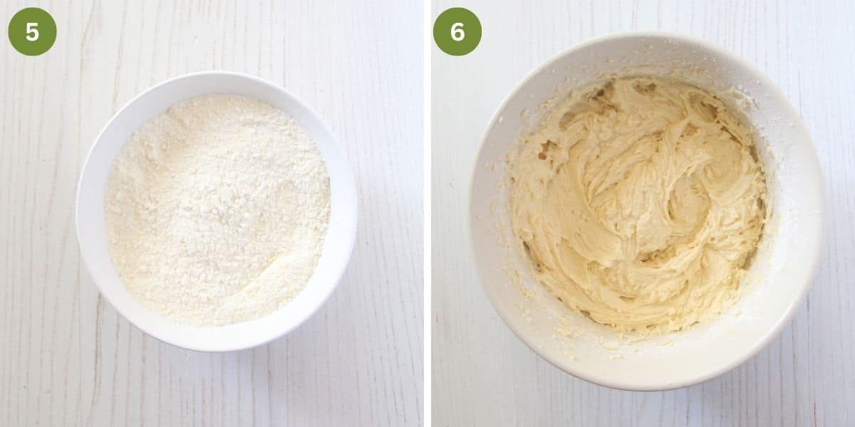 collage of two pictures of flour mixture added to cake batter.