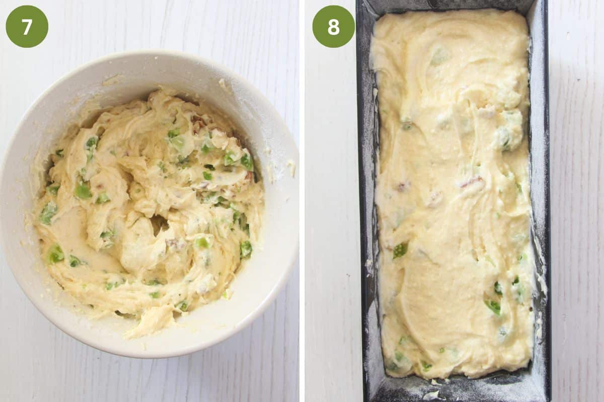 collage of two pictures of green tomato bread batter in a bowl and in a loaf pan.