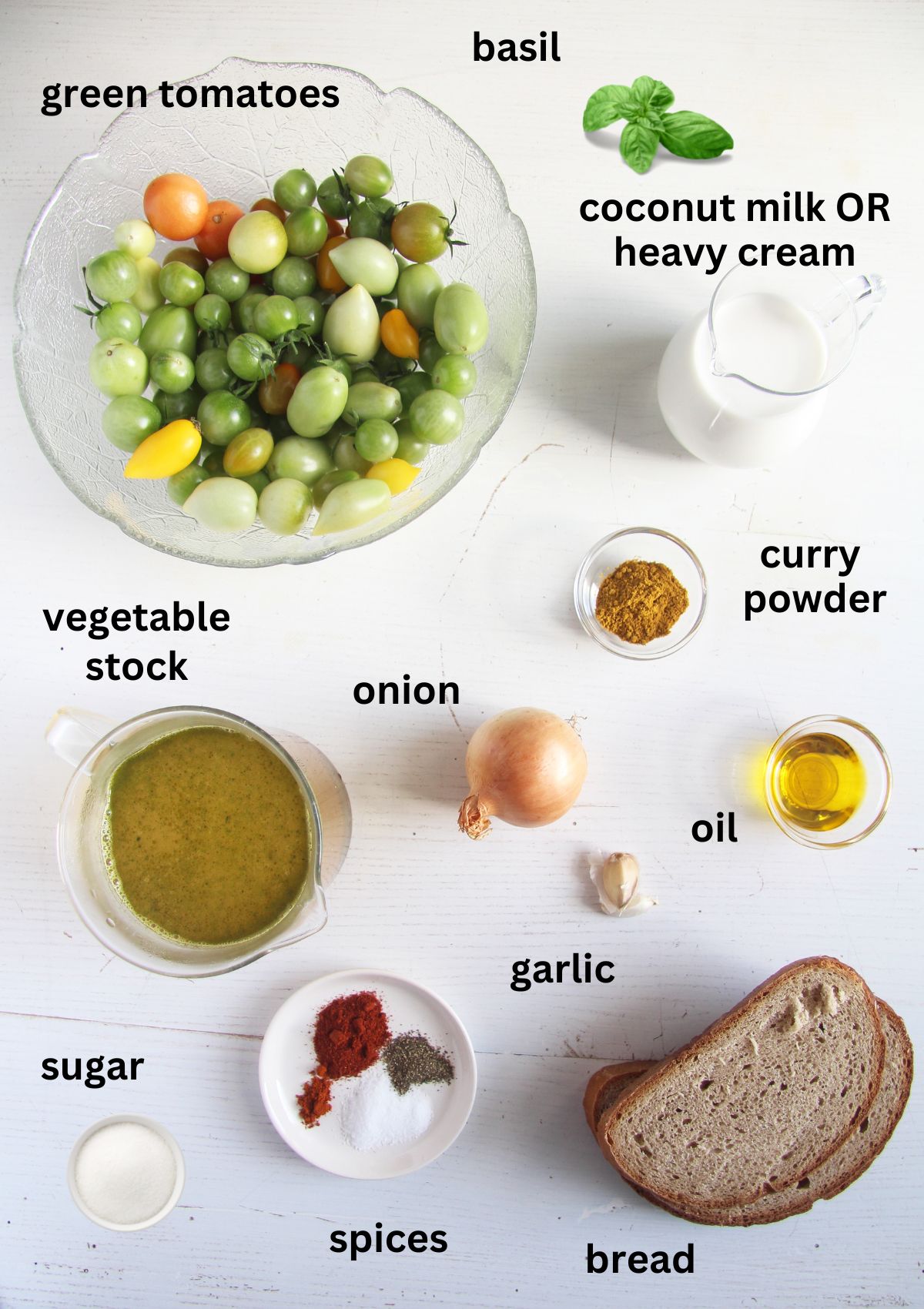 listed ingredients for making green tomato soup with bread croutons.