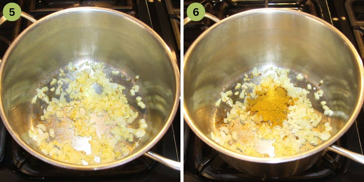 collage of two pictures of frying onions and then adding curry in a pot.