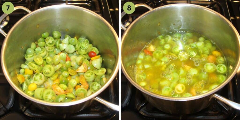 collage of two pictures of cooking green tomatoes for soup in a pot.