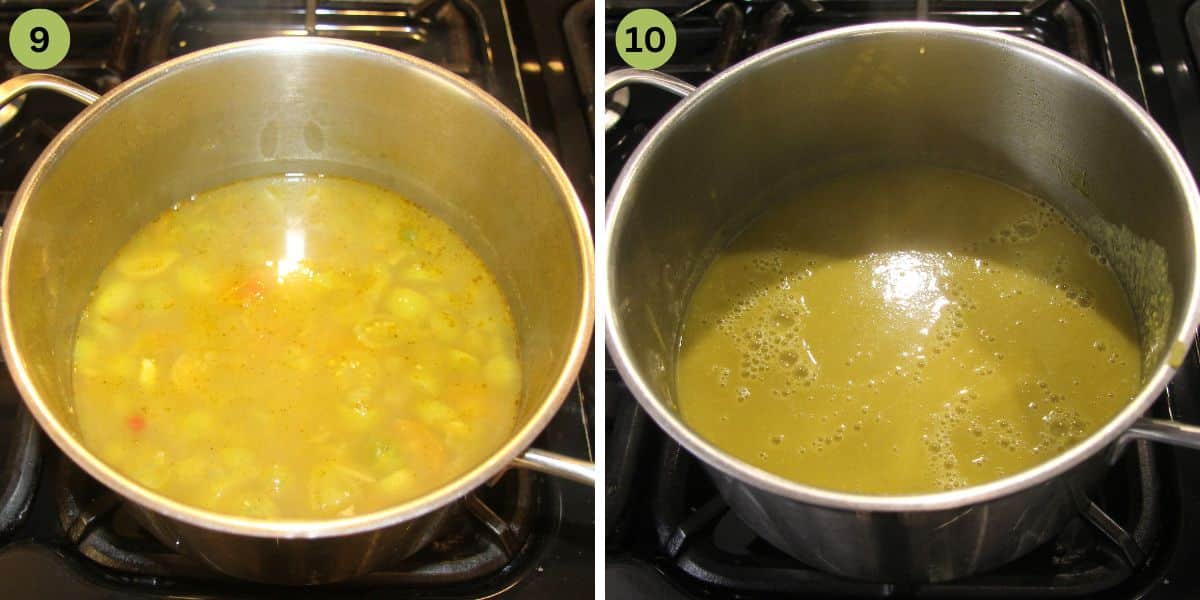 collage of two pictures of steps of cooking green tomato soup in a silver pot.