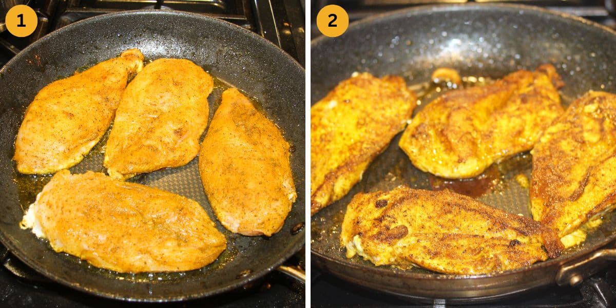 collage of two pictures of cooking seasoned chicken breasts in a pan.