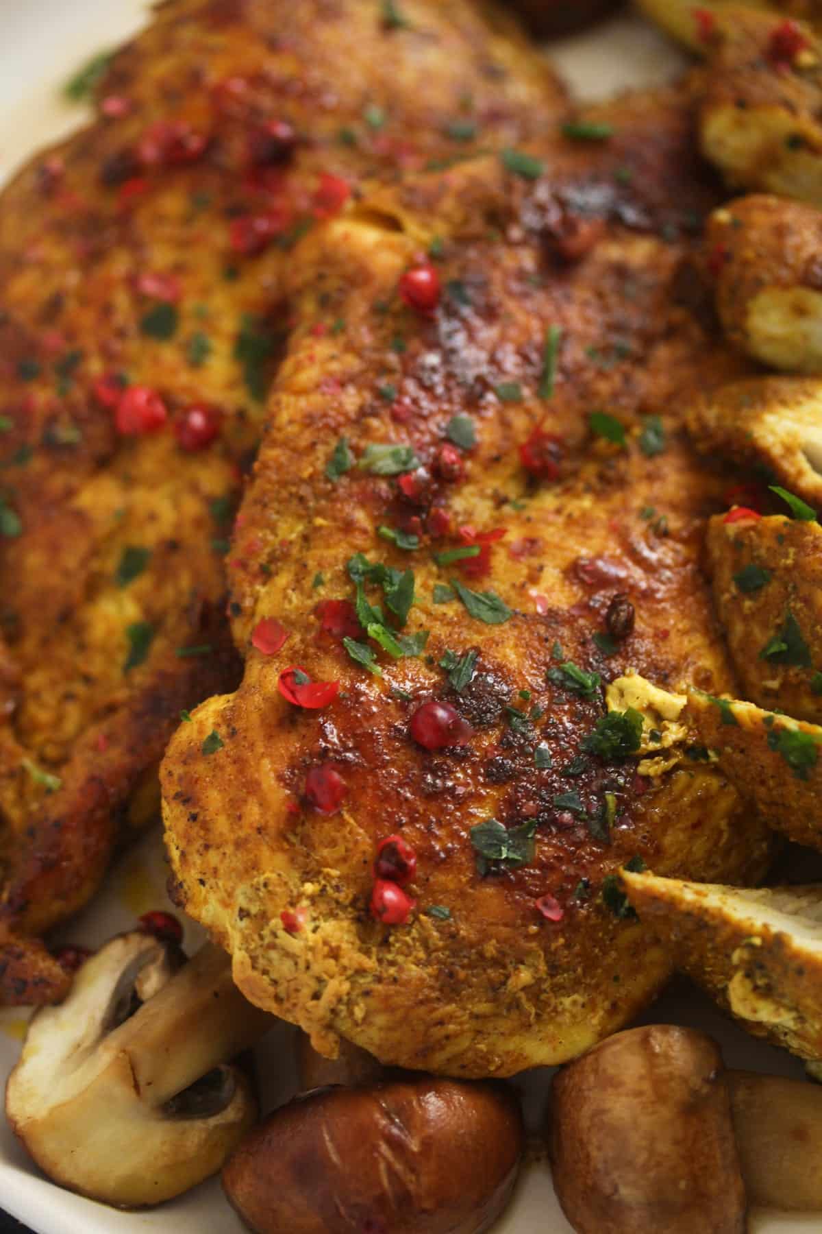 close up pan fried marinated chicken breast sprinkled with red pepper.