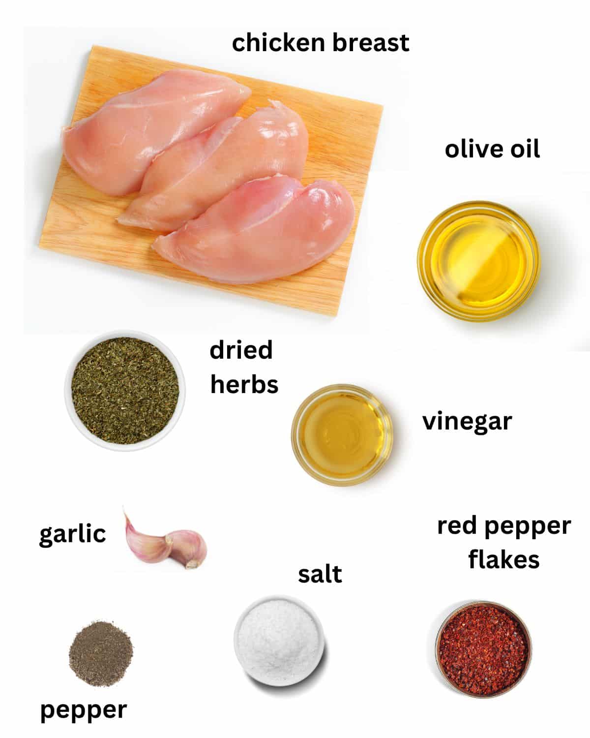 listed ingredients for marinating and pan frying chicken brreast.