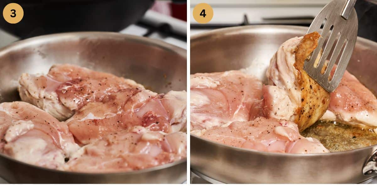 collage of two pictures of pan frying chicken breast.