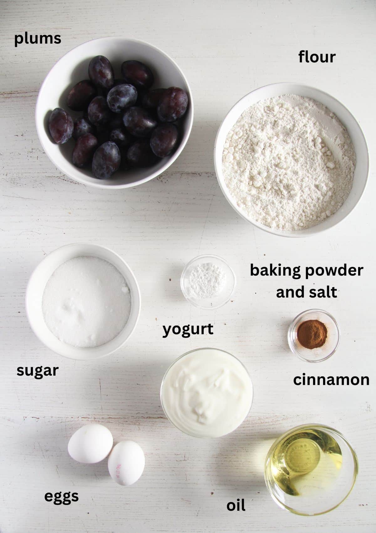 listed ingredients for making muffins with plums, yogurt and cinnamon.