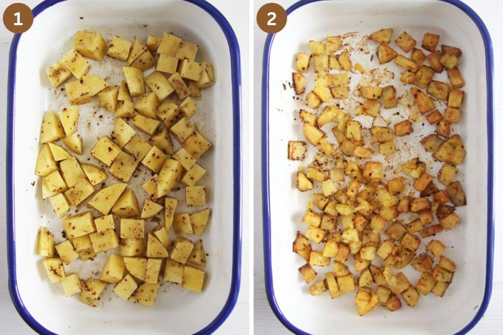 collage of two pictures of potato cubes before and after toasting in a roasting tin.