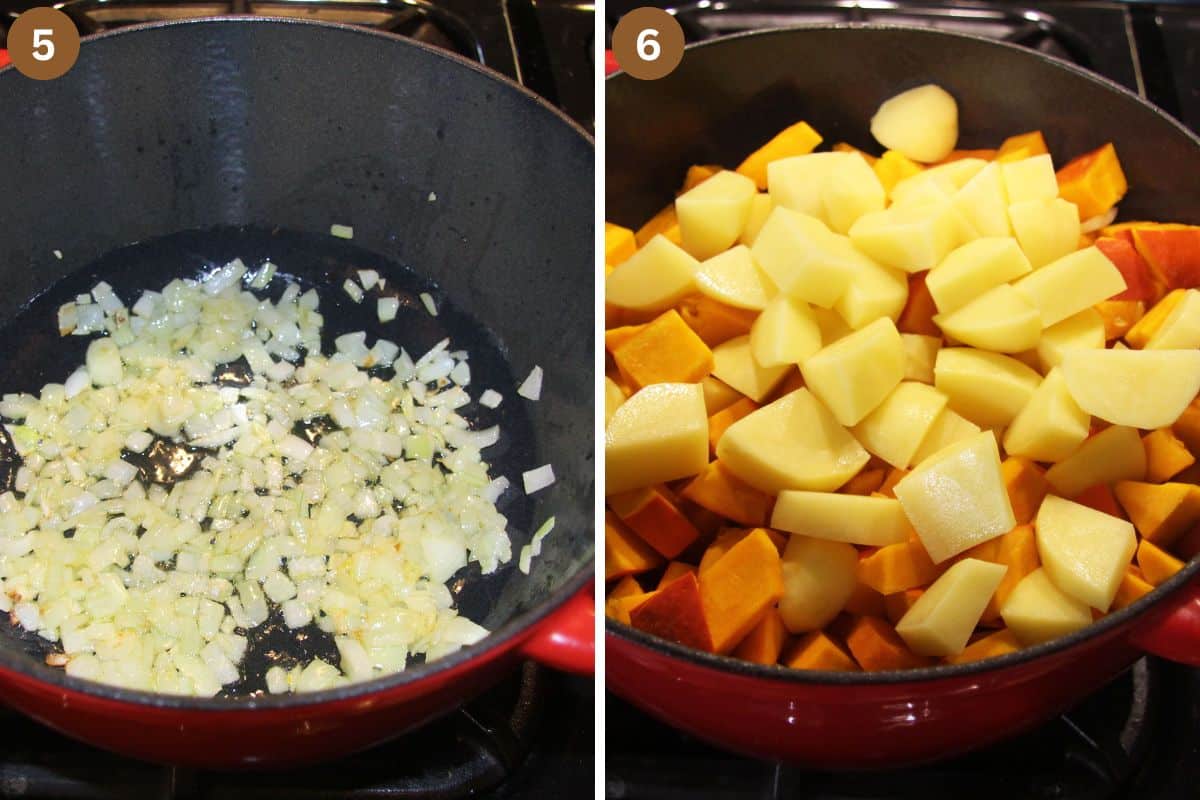 collage of two pictures of frying onions and adding chopped potatoes and pumpkin.