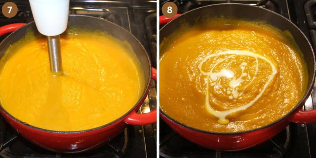 collage of two pictures of blending soup with immersion blender and adding cream.