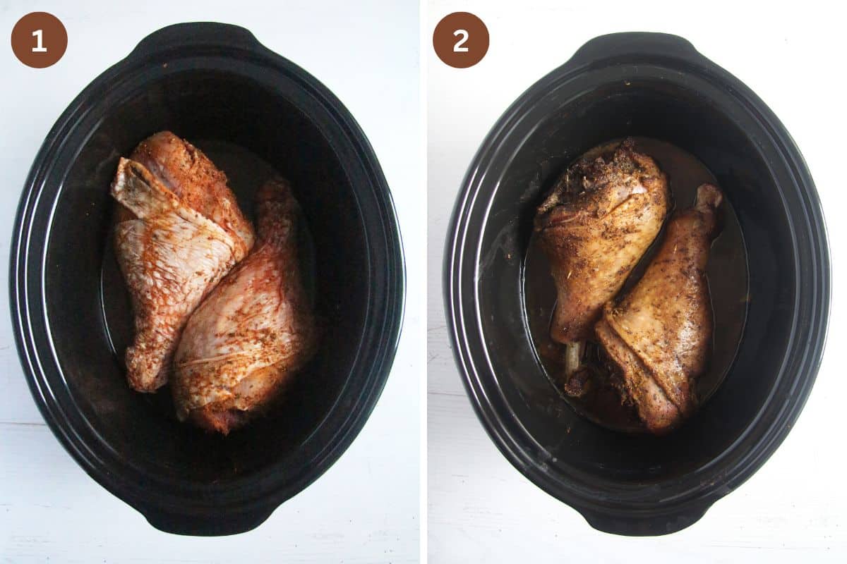 collage of two pictures of two turkey drumsticks in the slow cooker before and after cooking.