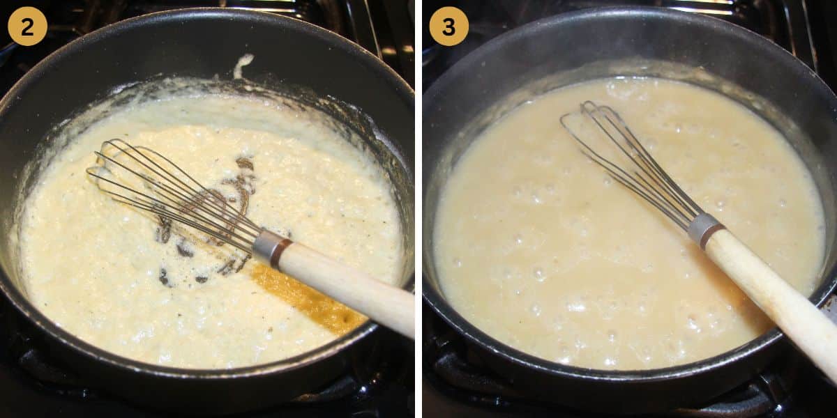 collage of two pictures of making white sauce with butter and flour, stirring with a whisk.