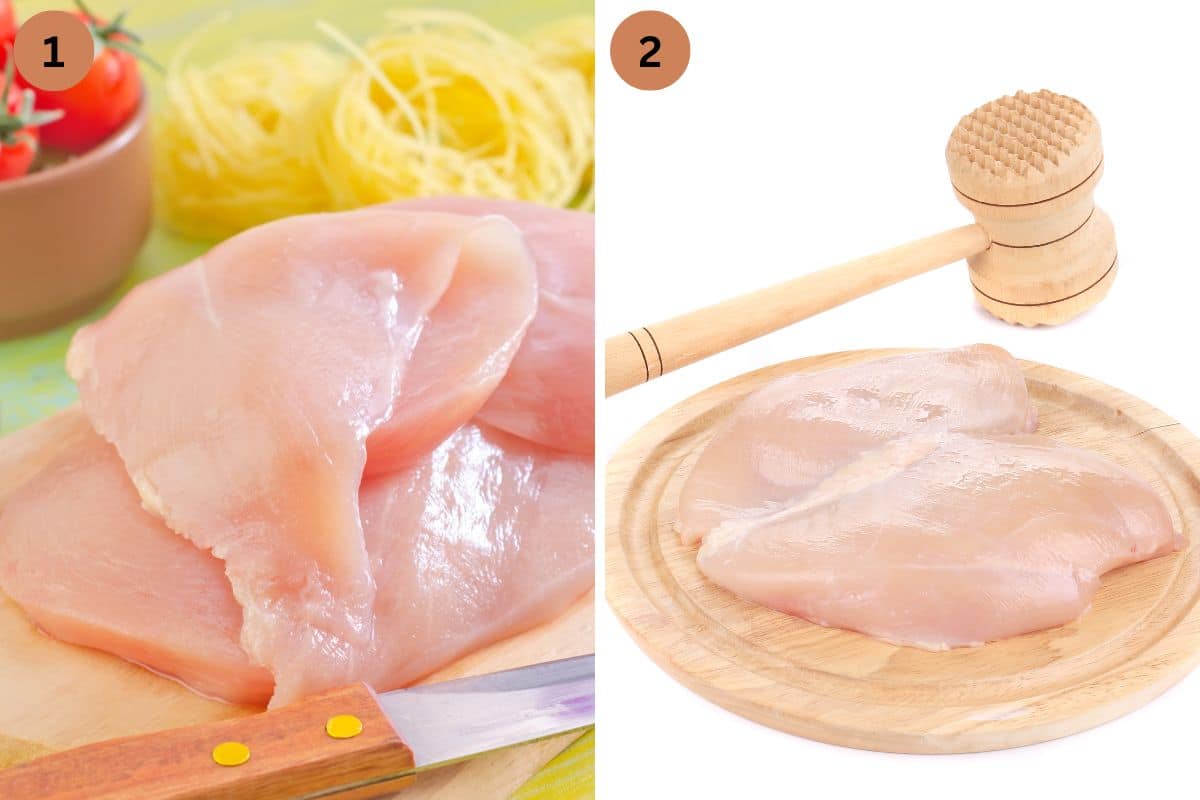 collage of two pictures of sliced chicken breast and tenderizing it with a mallet.