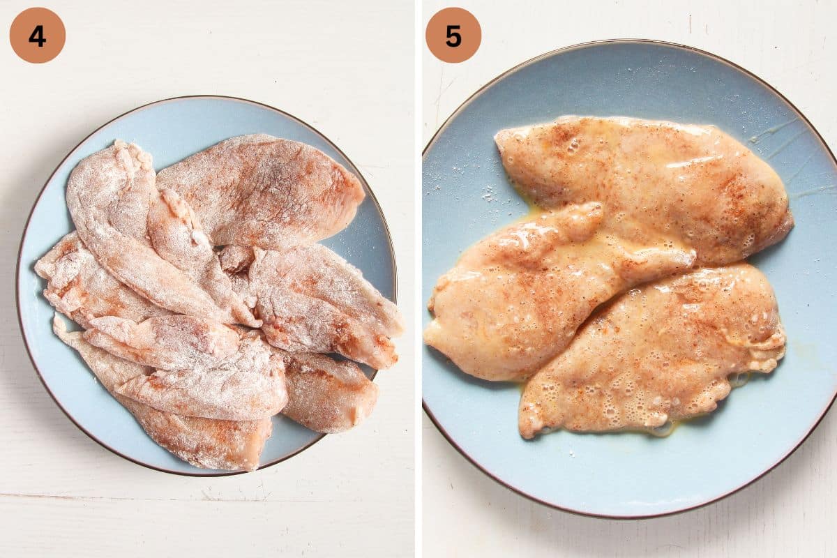 collage of two pictures of floured and then dipped in egg chicken breast.