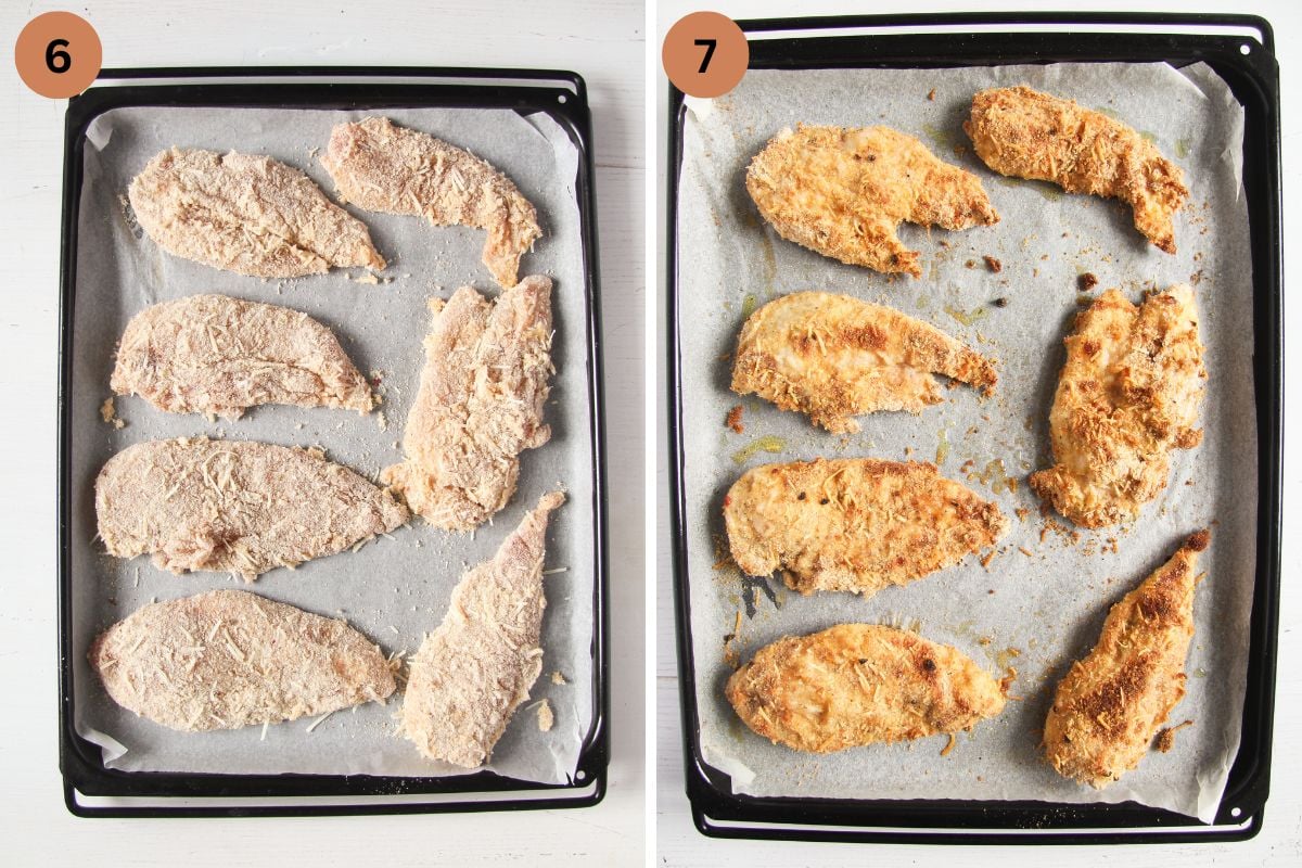 collage of two pictures of breaded chicken before and after baking.