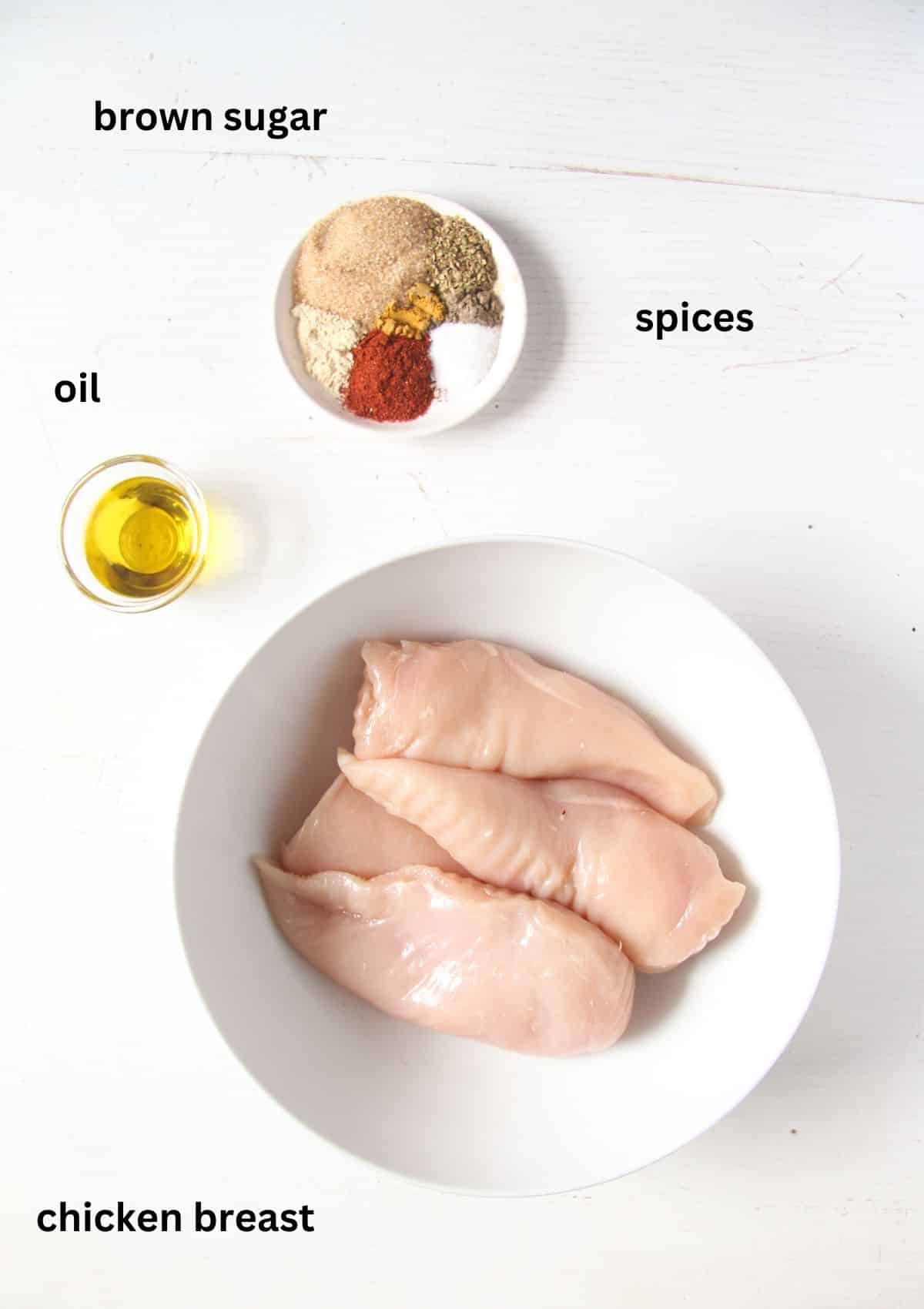 labeled ingredients for cooking thin sliced chicken breast.