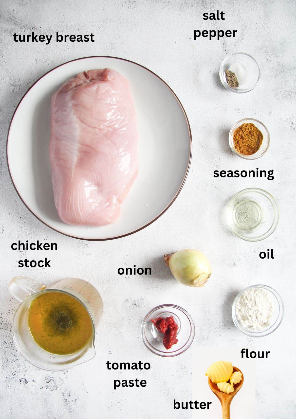 listed ingredients for roasting turkey breast and making gravy.