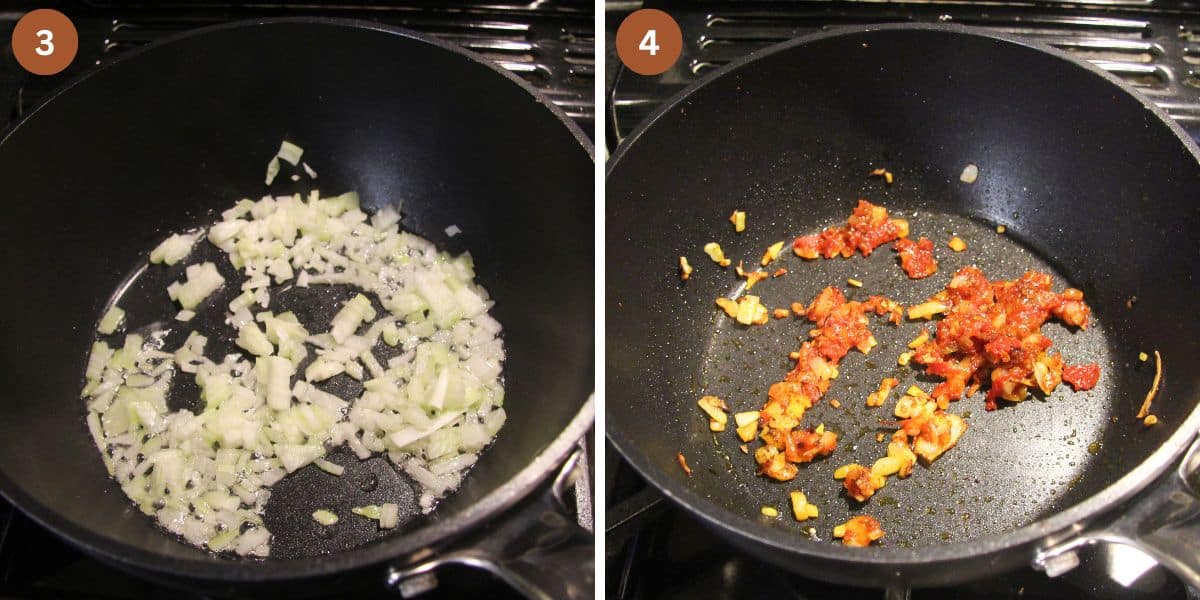 collage of two pictures of cooking onions and adding tomato paste in a saucepan.