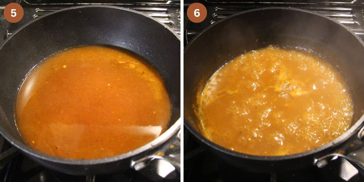 collage of two pictures of gravy before and after thickening.