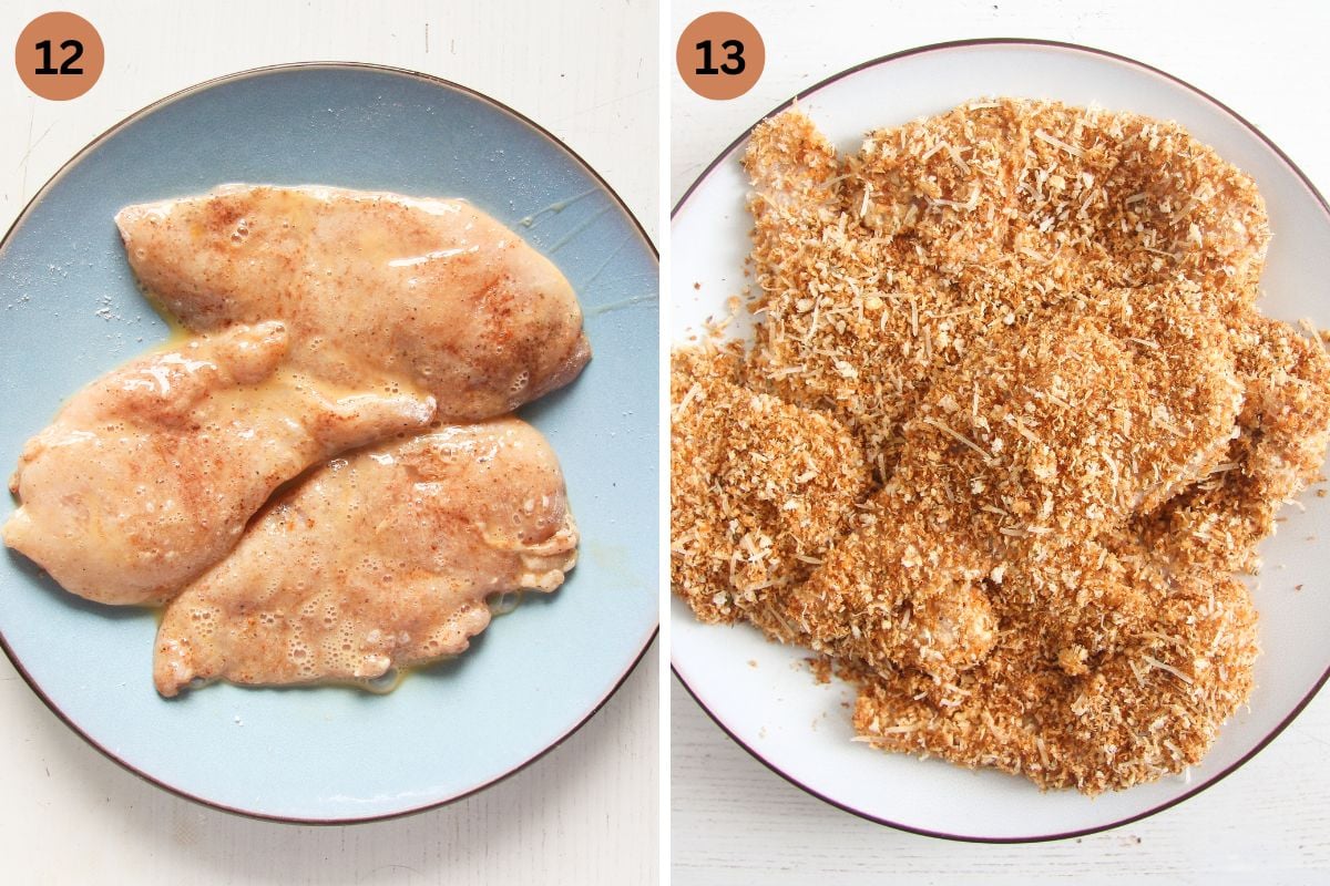 collage of two pictures of breading chicken with breadcrumbs.