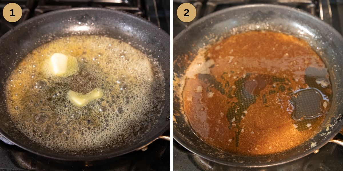 collage of two pictures of making caramel with butter in a pan.